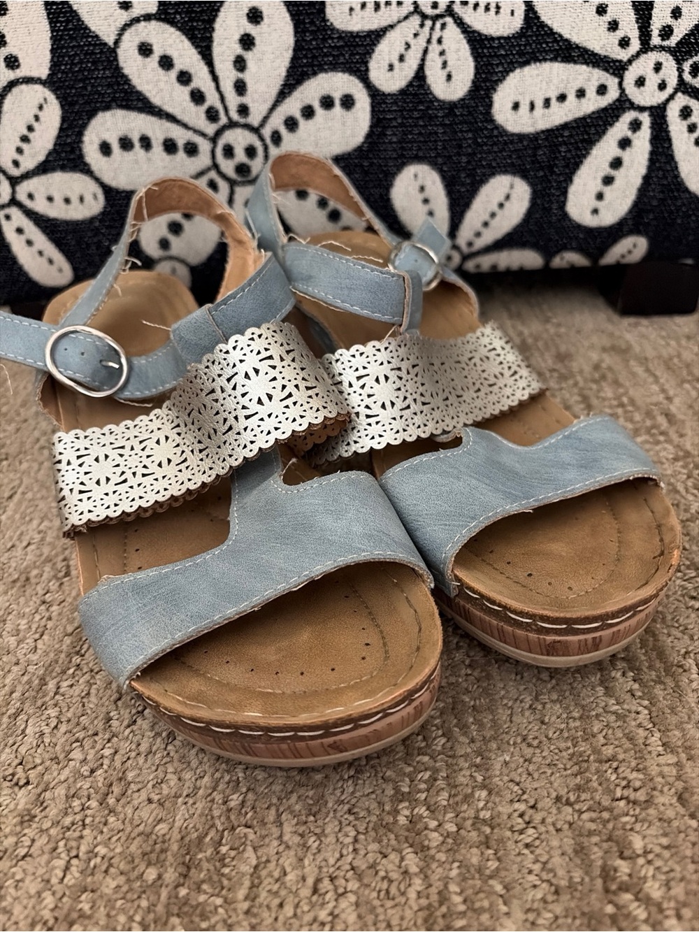 Boho Denim Blue Silver Perforated Comfort Wedge Sandals Sz 40